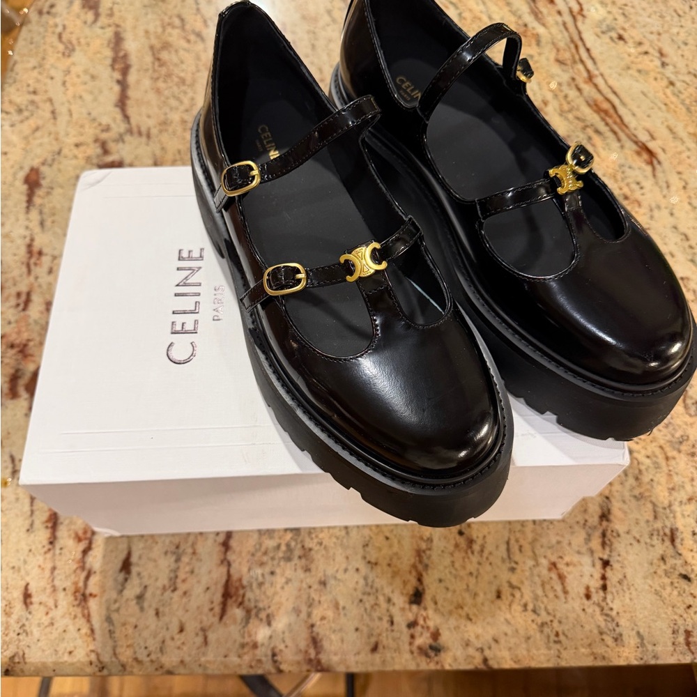 Celine Black Loafers with Gold Buckles
